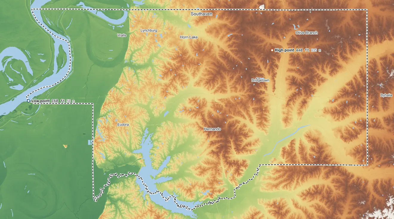 Topographic elevation map of DeSoto County, Mississippi, shaded from 160 ft on the west side to 440 ft on the northeast side