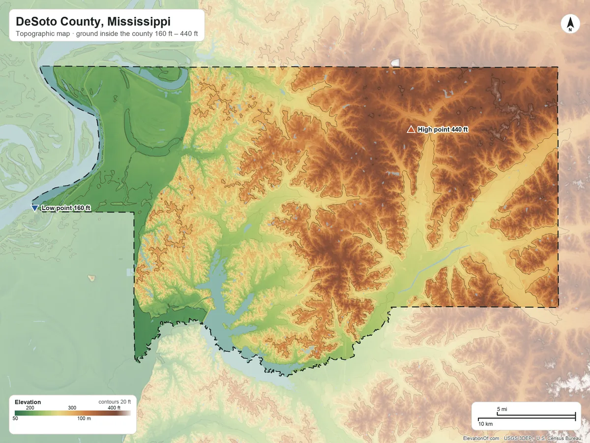 Topographic elevation map of DeSoto County, Mississippi, shaded from 160 ft on the west side to 440 ft on the northeast side