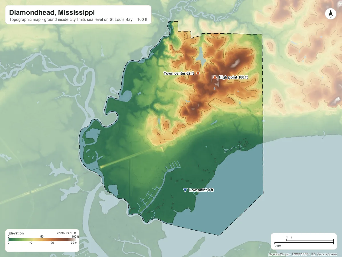 Topographic elevation map of Diamondhead, Mississippi, shaded from sea level level on St. Louis Bay to 100 ft near the middle