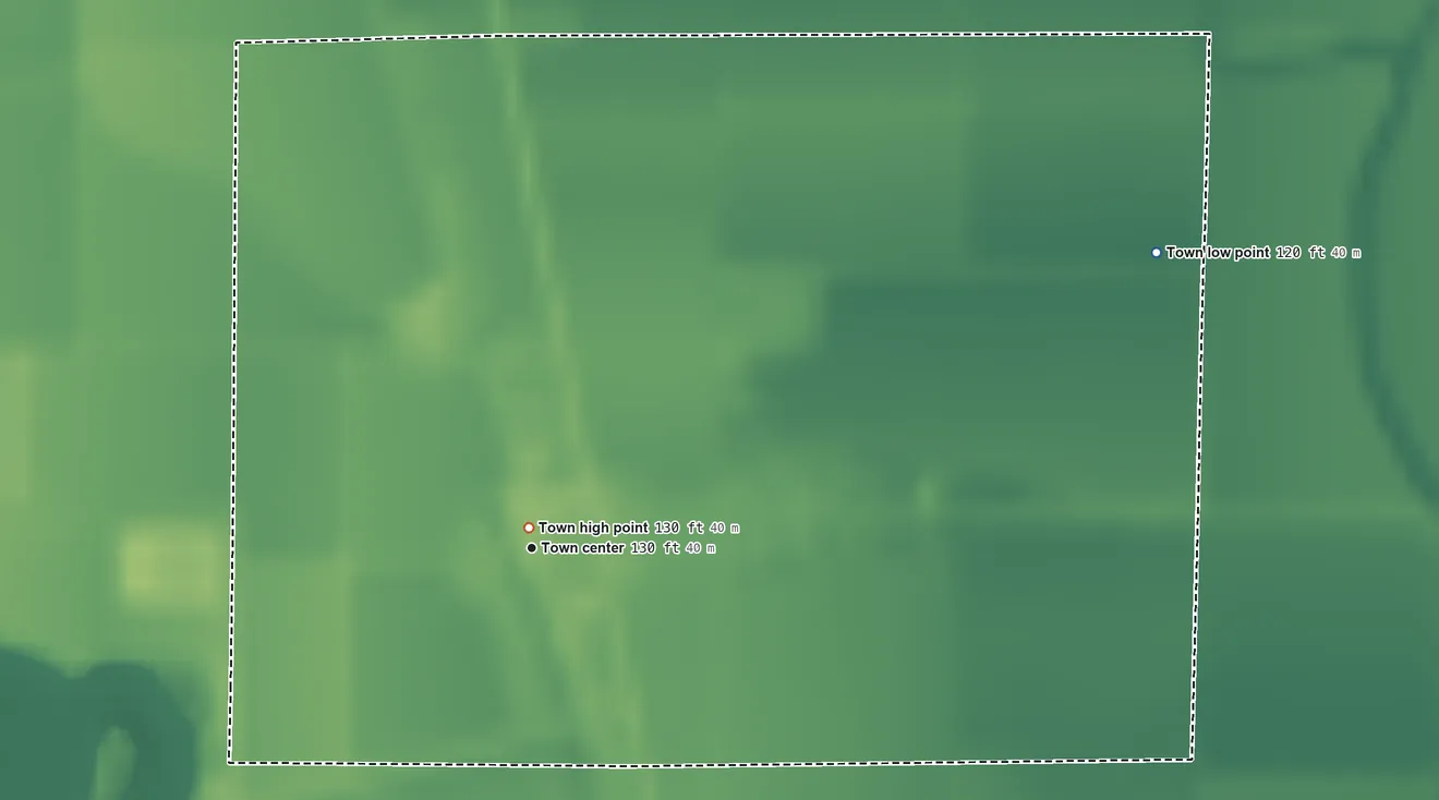 Topographic elevation map of Doddsville, Mississippi, shaded from 120 ft on the northeast side to 130 ft near the middle