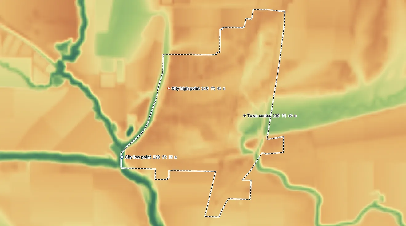 Topographic elevation map of Drew, Mississippi, shaded from 120 ft on the west side to 140 ft on the west side
