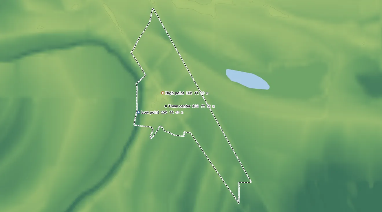 Topographic elevation map of Dublin, Mississippi, shaded from 150 ft on the west side to 160 ft near the middle