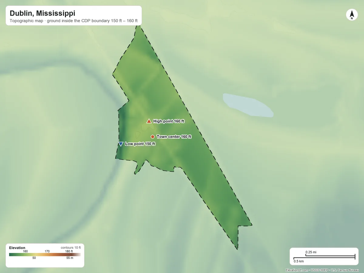 Topographic elevation map of Dublin, Mississippi, shaded from 150 ft on the west side to 160 ft near the middle