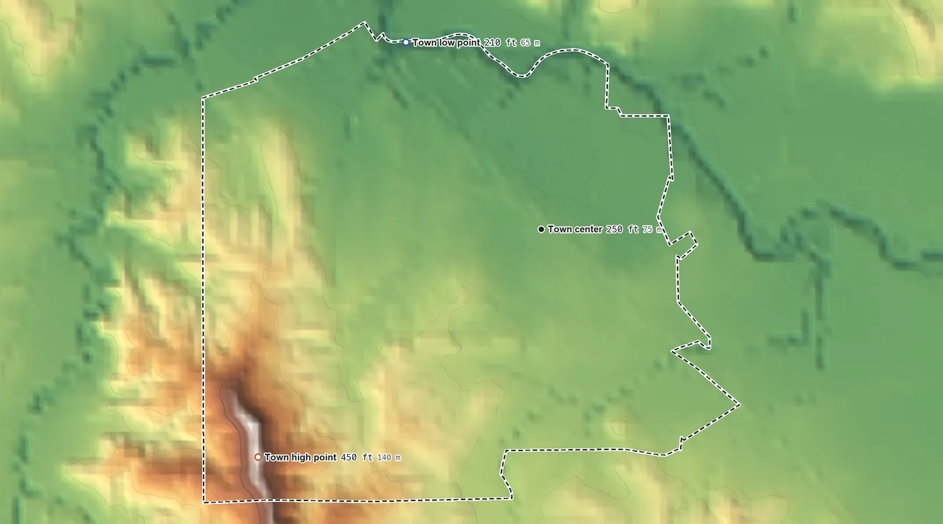 Topographic elevation map of Duck Hill, Mississippi, shaded from 210 ft on the northwest side to 450 ft on the southwest side