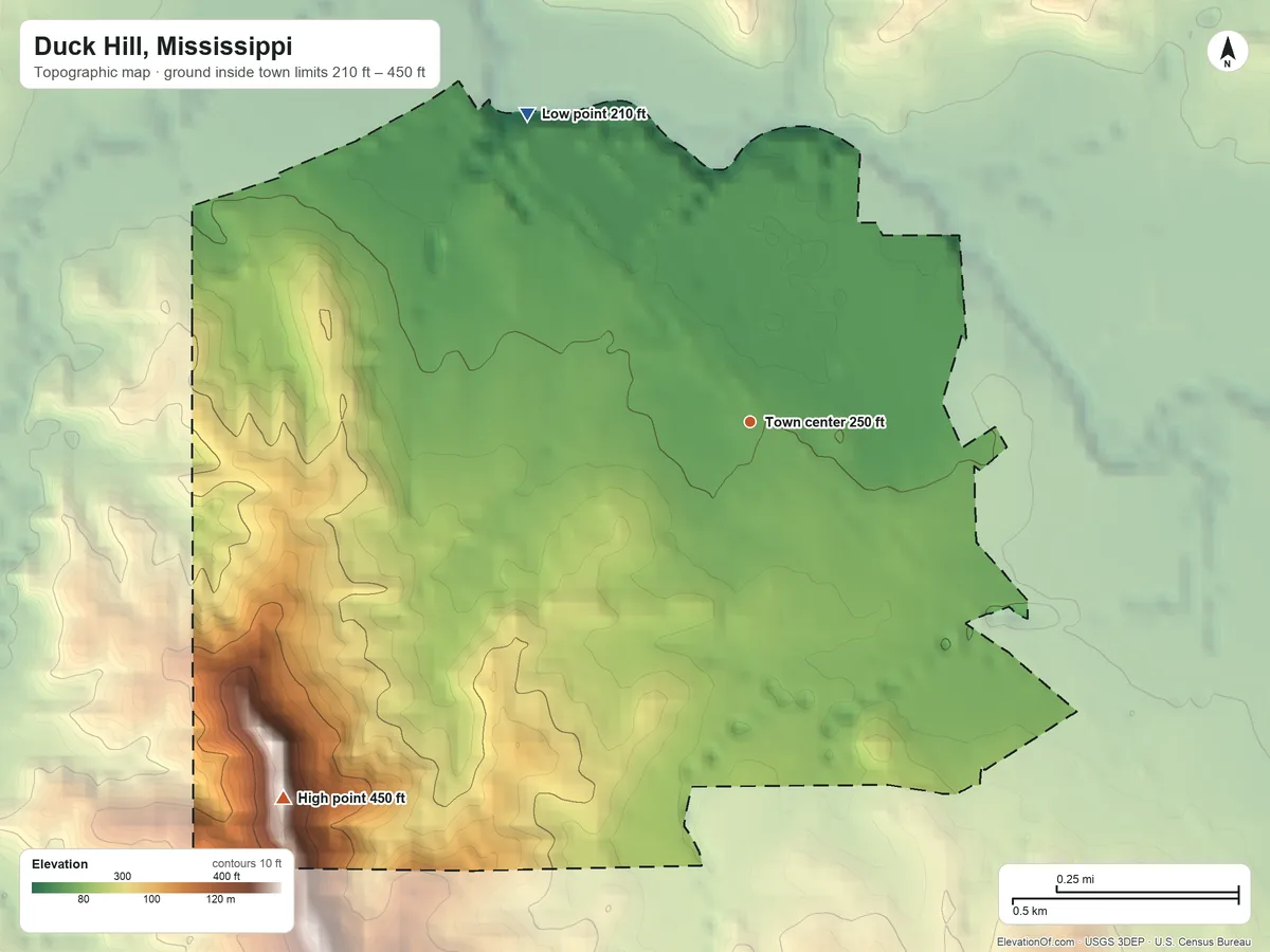 Topographic elevation map of Duck Hill, Mississippi, shaded from 210 ft on the northwest side to 450 ft on the southwest side