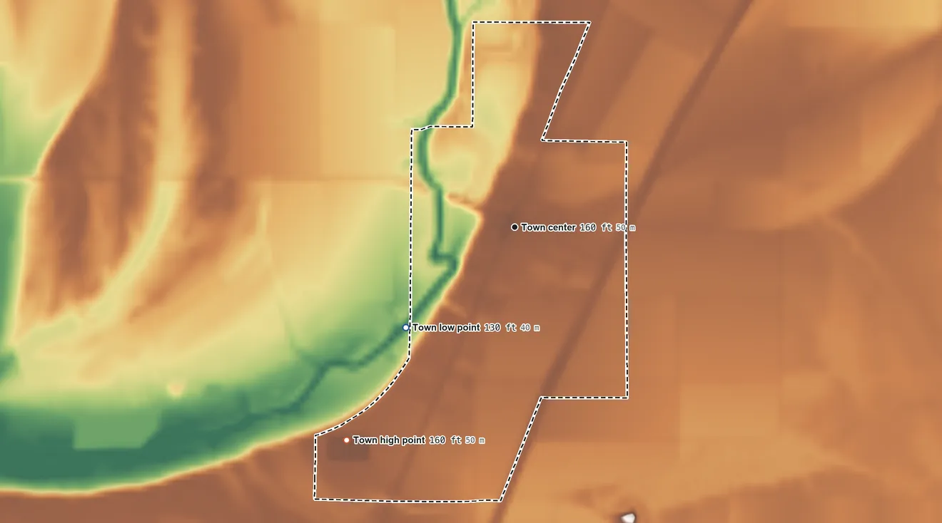 Topographic elevation map of Duncan, Mississippi, shaded from 130 ft on the southwest side to 160 ft on the southwest side