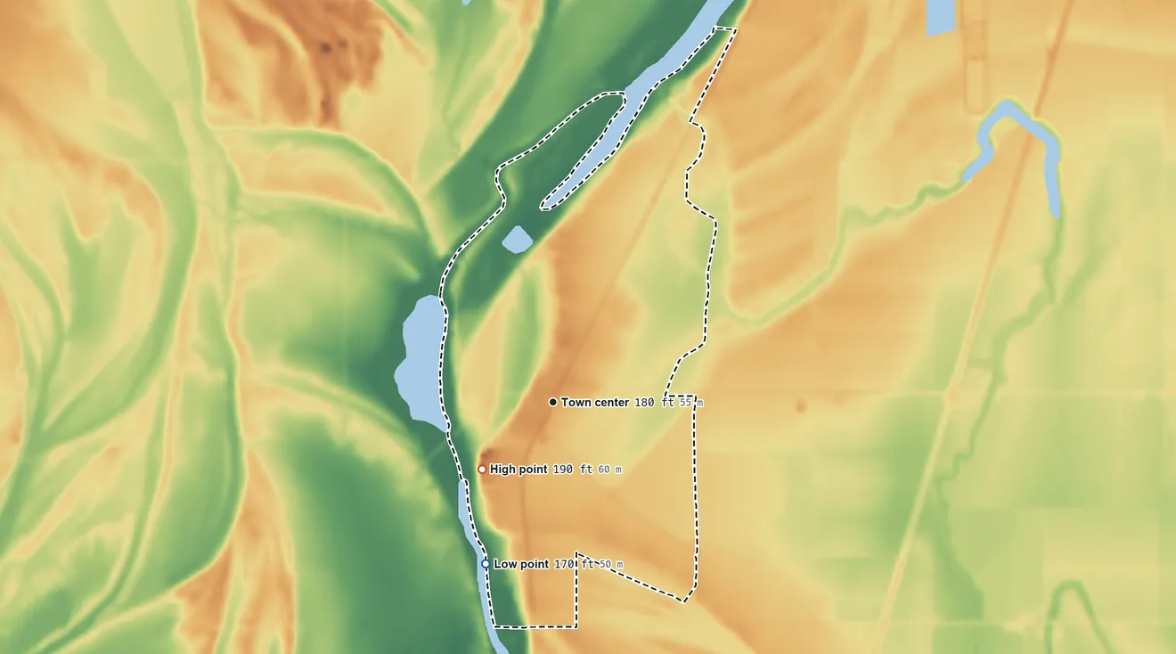 Topographic elevation map of Dundee, Mississippi, shaded from 170 ft on the southwest side to 190 ft on the southwest side