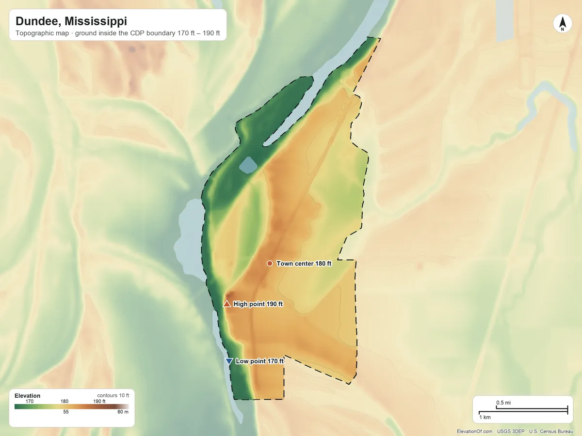 Topographic elevation map of Dundee, Mississippi, shaded from 170 ft on the southwest side to 190 ft on the southwest side