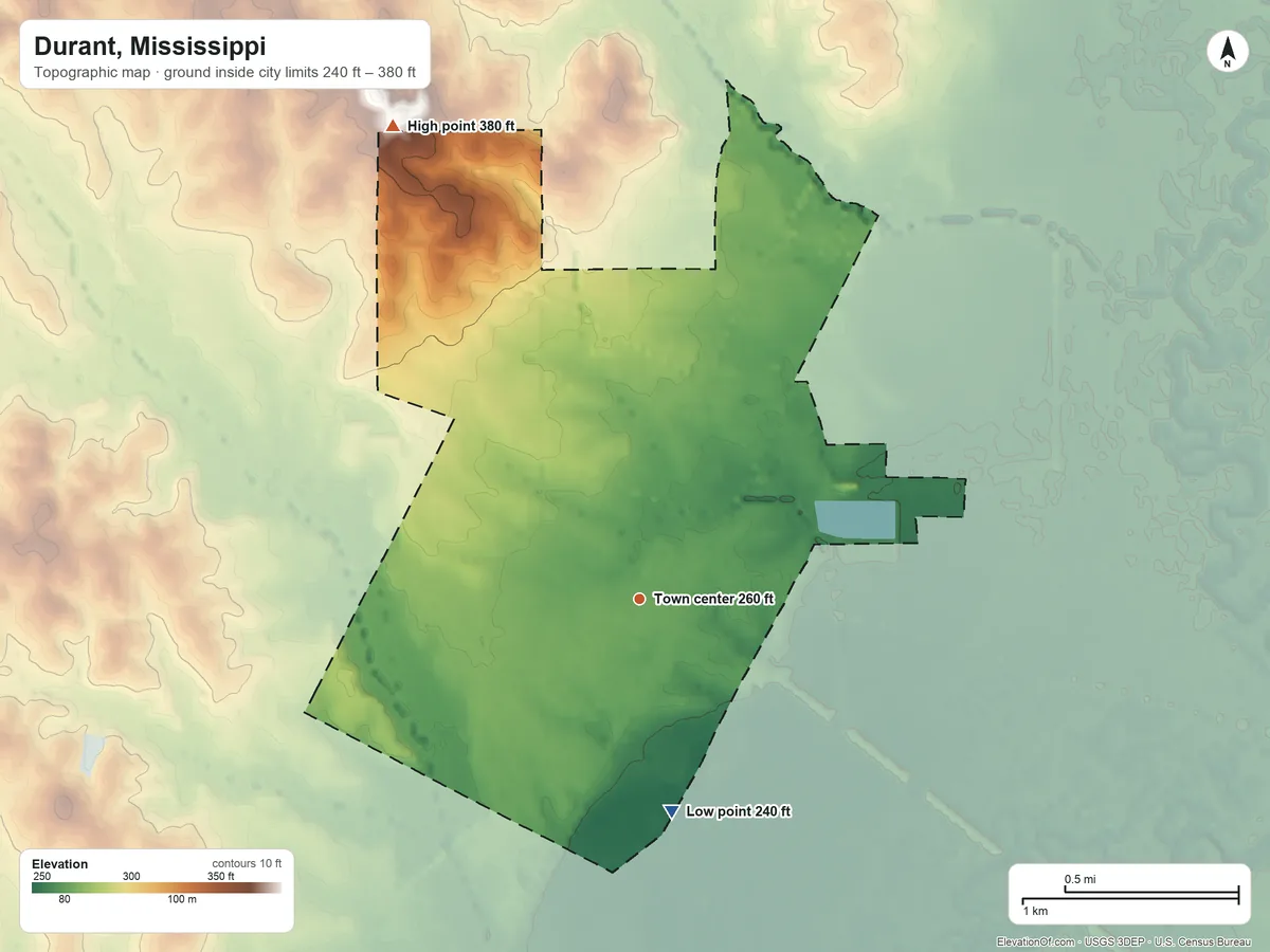 Topographic elevation map of Durant, Mississippi, shaded from 240 ft on the south side to 380 ft on the northwest side