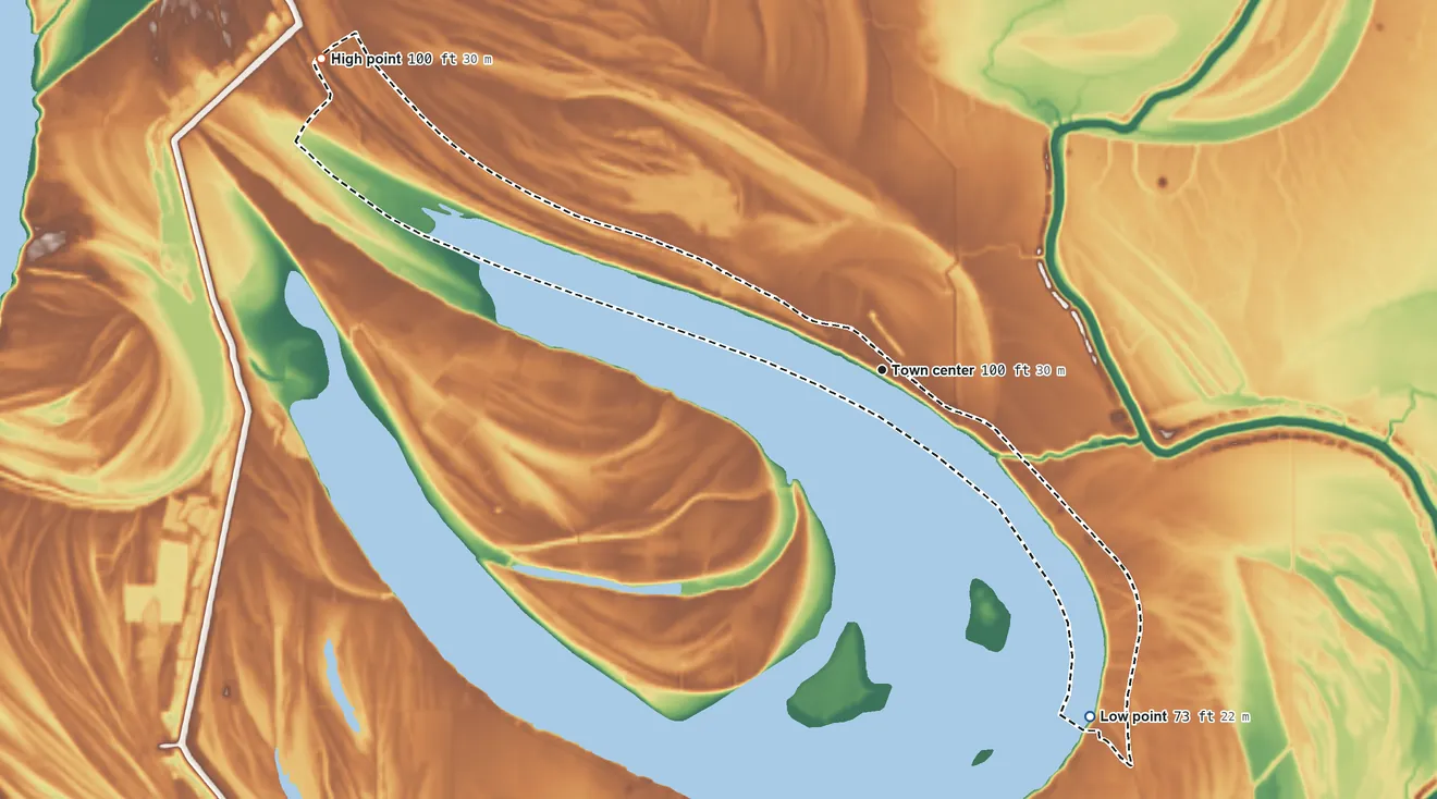 Topographic elevation map of Eagle Bend, Mississippi, shaded from 73 ft on the southeast side to 100 ft on the northwest side