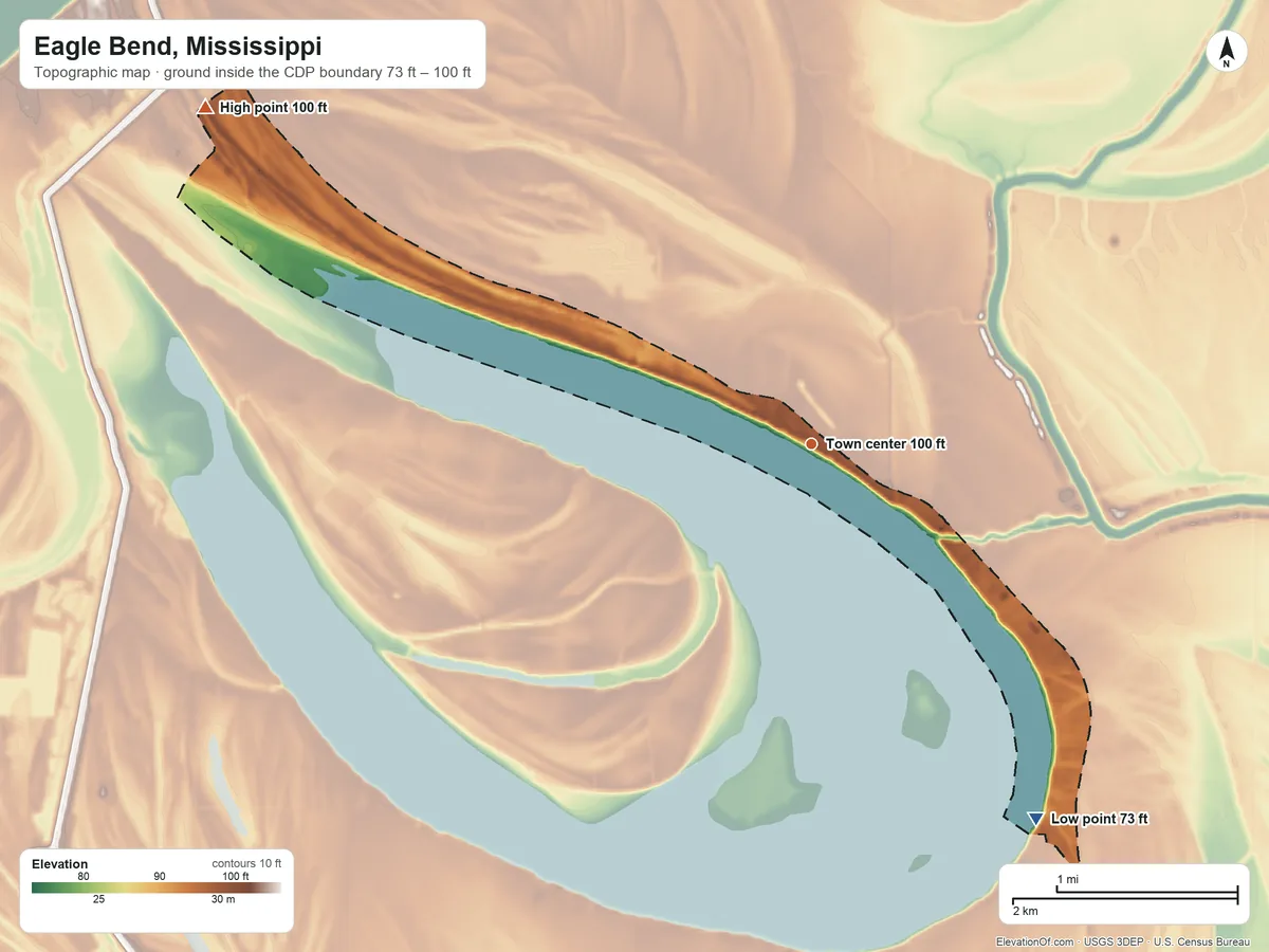 Topographic elevation map of Eagle Bend, Mississippi, shaded from 73 ft on the southeast side to 100 ft on the northwest side