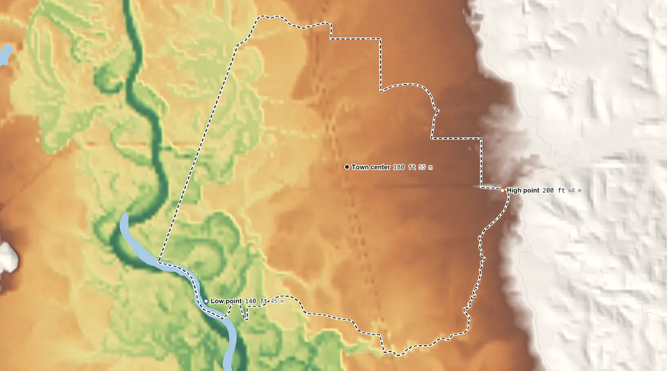 Topographic elevation map of Eastabuchie, Mississippi, shaded from 140 ft on the southwest side to 200 ft on the east side