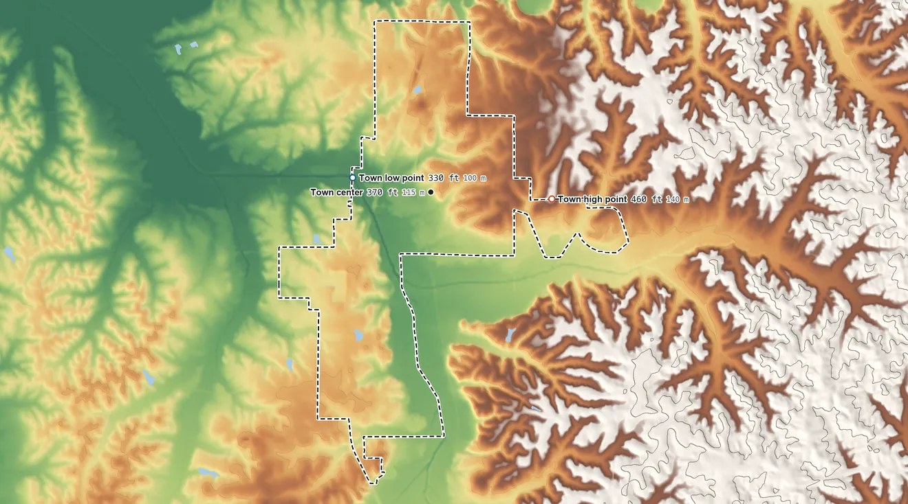 Topographic elevation map of Ecru, Mississippi, shaded from 330 ft on the west side to 460 ft on the east side