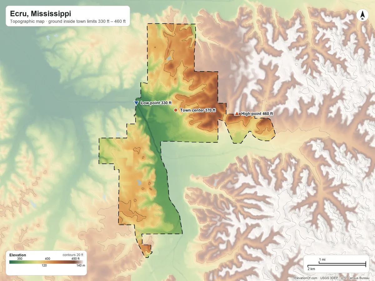 Topographic elevation map of Ecru, Mississippi, shaded from 330 ft on the west side to 460 ft on the east side