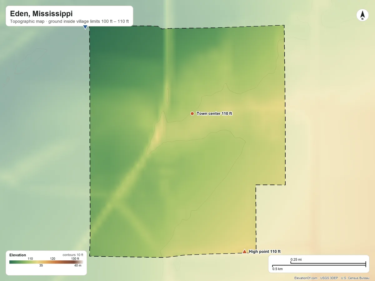 Topographic elevation map of Eden, Mississippi, shaded from 100 ft on the northwest side to 110 ft on the south side
