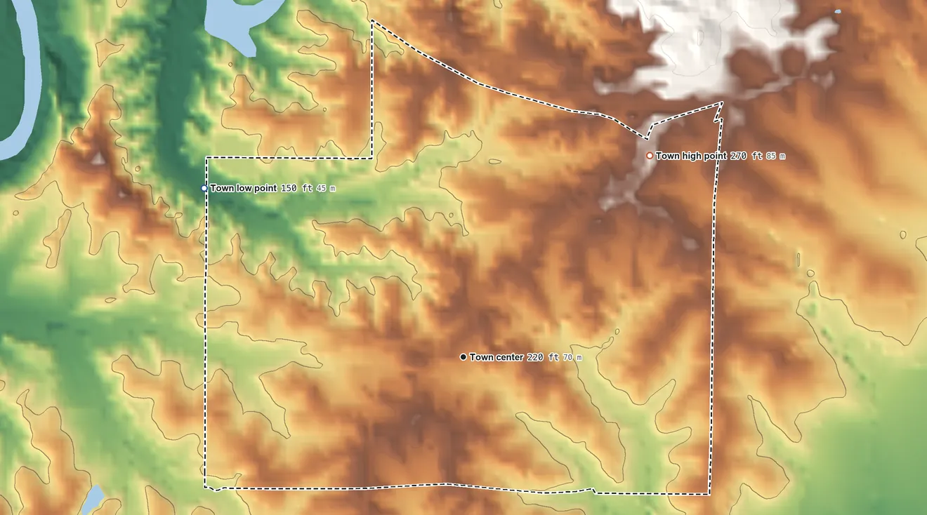 Topographic elevation map of Edwards, Mississippi, shaded from 150 ft on the northwest side to 270 ft on the northeast side