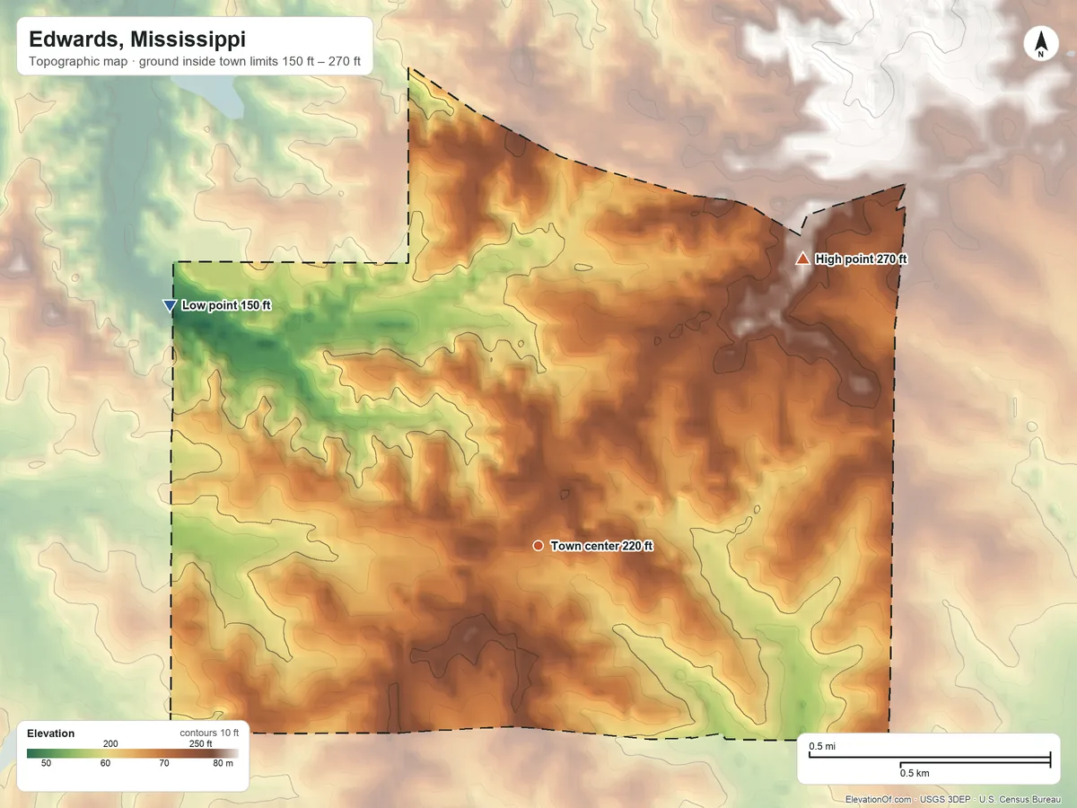 Topographic elevation map of Edwards, Mississippi, shaded from 150 ft on the northwest side to 270 ft on the northeast side