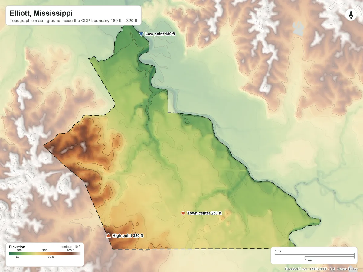Topographic elevation map of Elliott, Mississippi, shaded from 180 ft on the north side to 320 ft on the west side