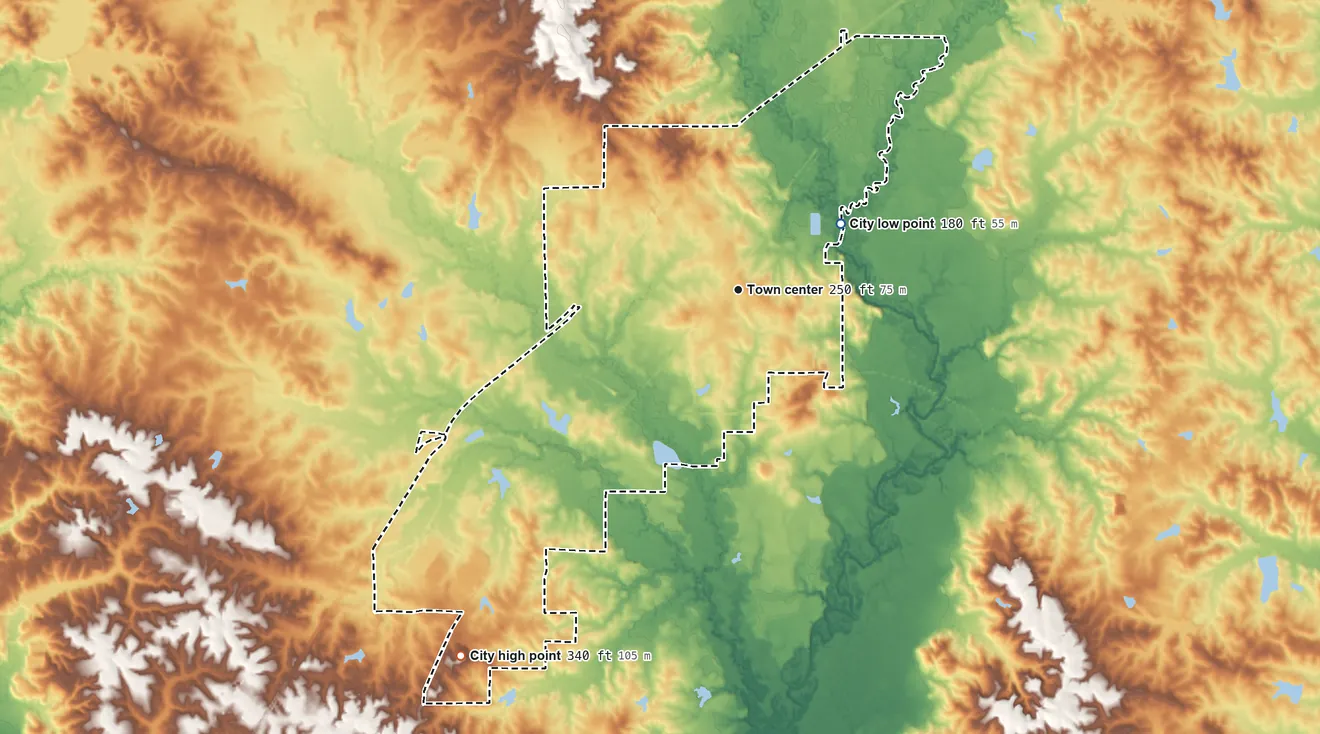 Topographic elevation map of Ellisville, Mississippi, shaded from 180 ft on the northeast side to 340 ft on the southwest side