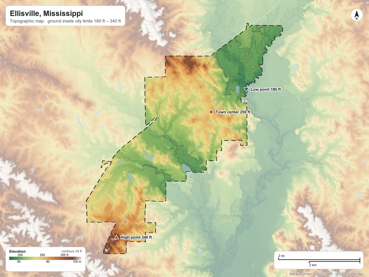 Topographic elevation map of Ellisville, Mississippi, shaded from 180 ft on the northeast side to 340 ft on the southwest side