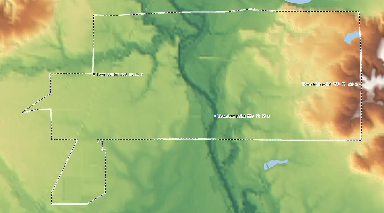 Topographic elevation map of Enterprise, Mississippi, shaded from 220 ft on the east side to 390 ft on the east side