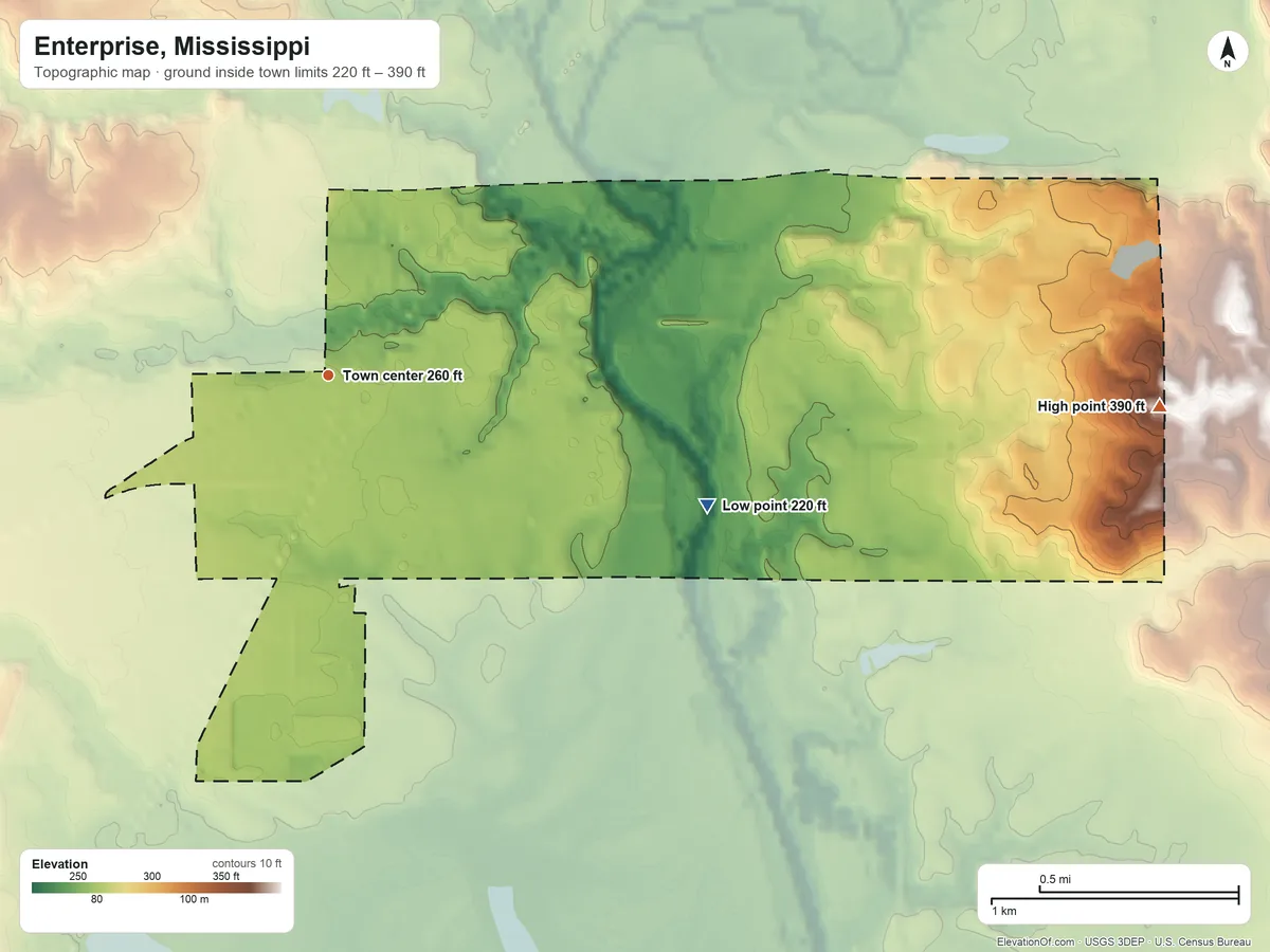 Topographic elevation map of Enterprise, Mississippi, shaded from 220 ft on the east side to 390 ft on the east side