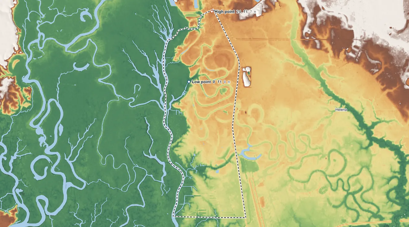 Topographic elevation map of Escatawpa, Mississippi, shaded from 0 ft on the north side to 24 ft on the north side
