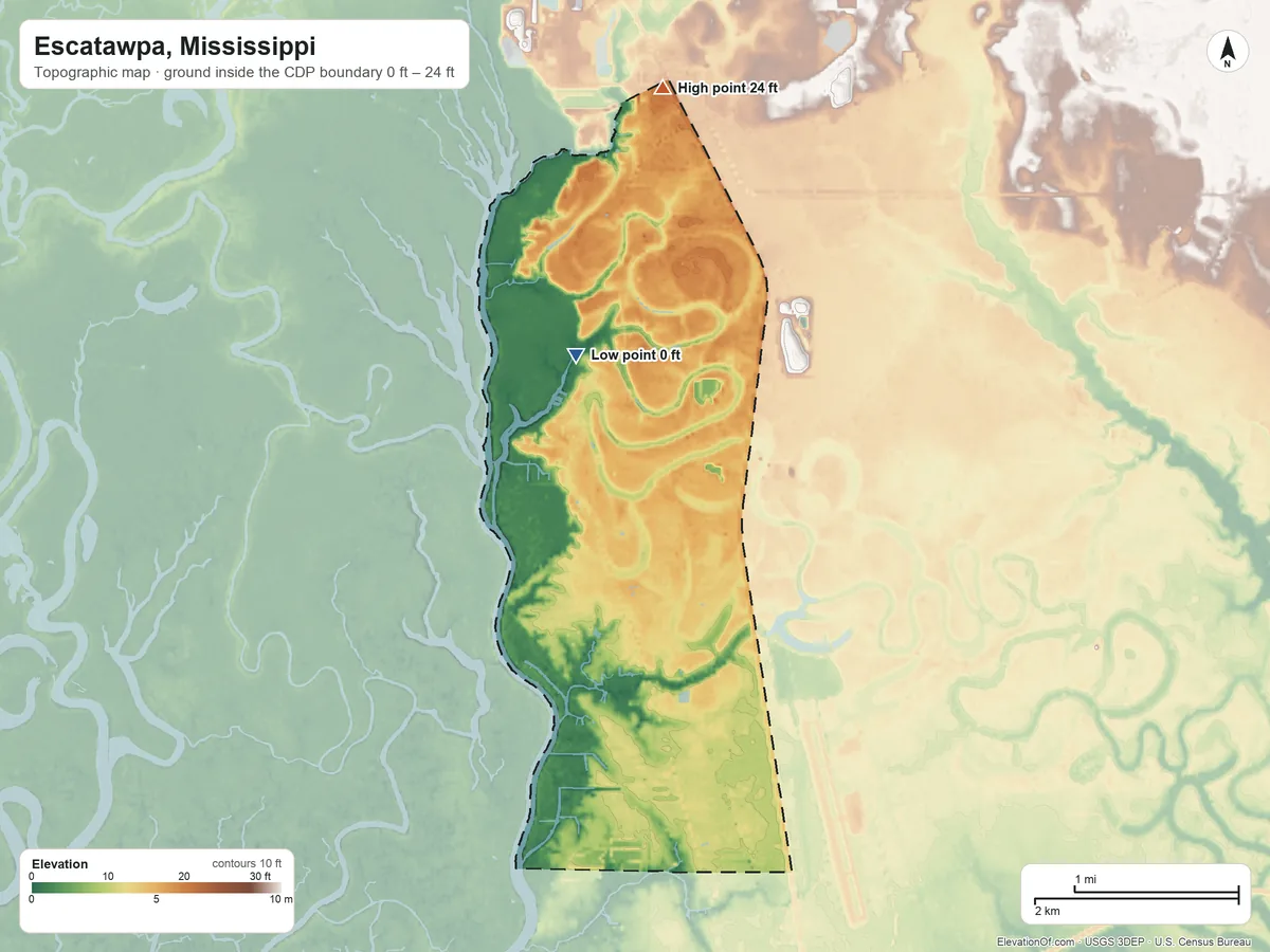 Topographic elevation map of Escatawpa, Mississippi, shaded from 0 ft on the north side to 24 ft on the north side