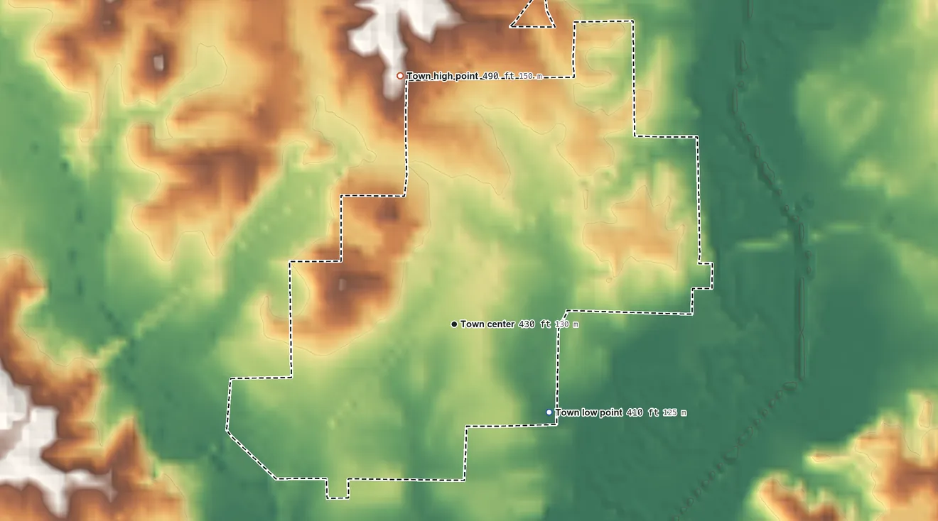 Topographic elevation map of Ethel, Mississippi, shaded from 410 ft on the southeast side to 490 ft on the north side