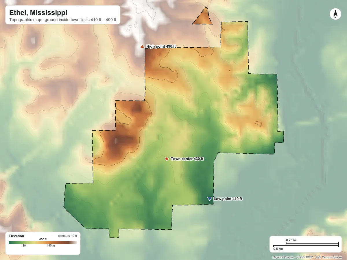 Topographic elevation map of Ethel, Mississippi, shaded from 410 ft on the southeast side to 490 ft on the north side