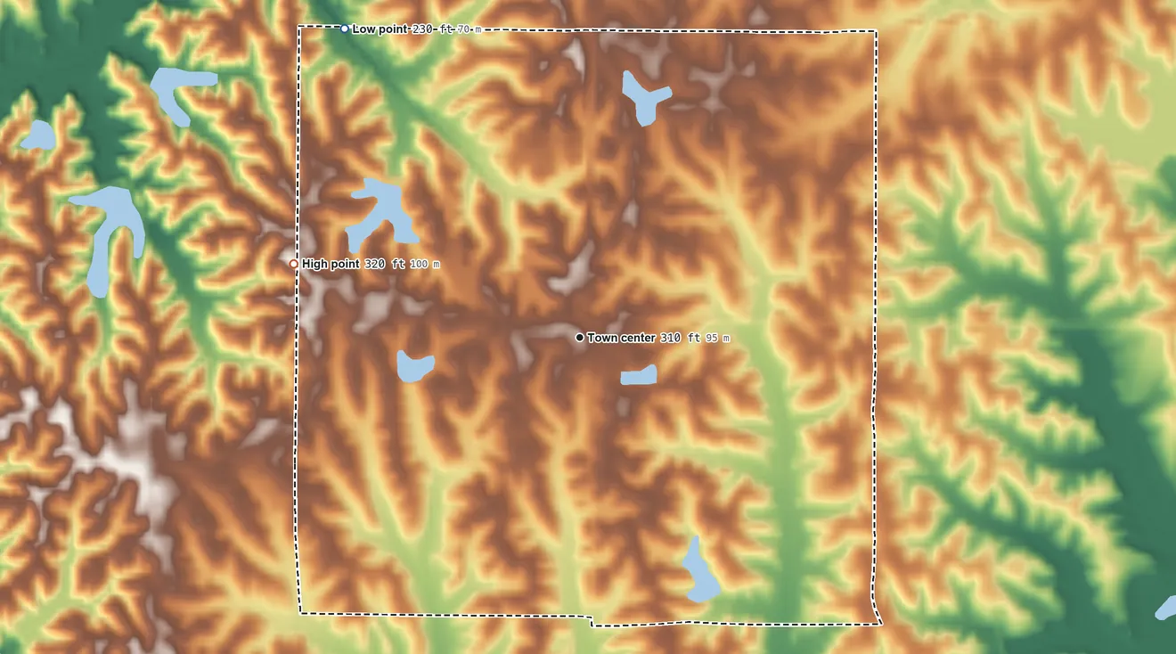 Topographic elevation map of Eudora, Mississippi, shaded from 230 ft on the northwest side to 320 ft on the west side