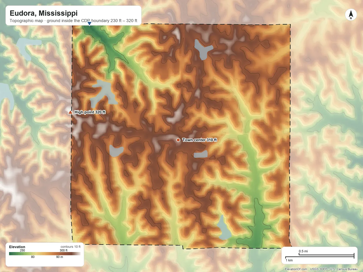 Topographic elevation map of Eudora, Mississippi, shaded from 230 ft on the northwest side to 320 ft on the west side