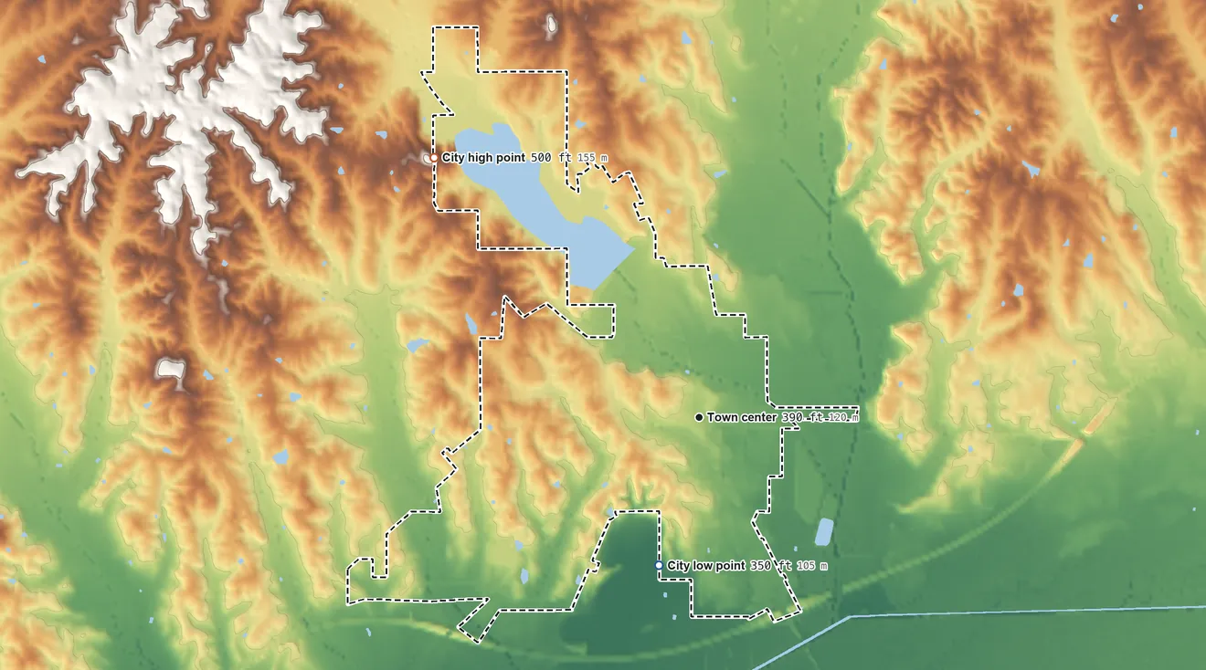 Topographic elevation map of Eupora, Mississippi, shaded from 350 ft on the south side to 500 ft on the northwest side