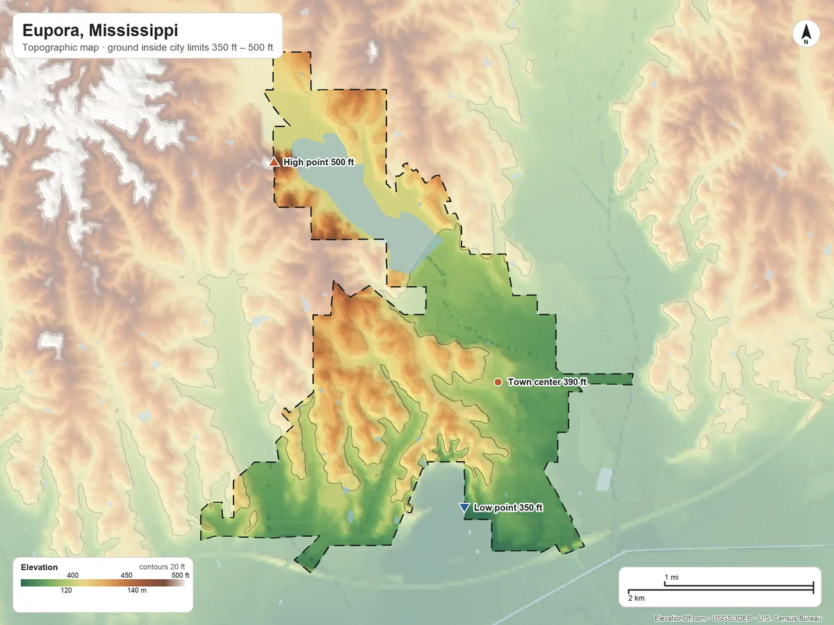 Topographic elevation map of Eupora, Mississippi, shaded from 350 ft on the south side to 500 ft on the northwest side