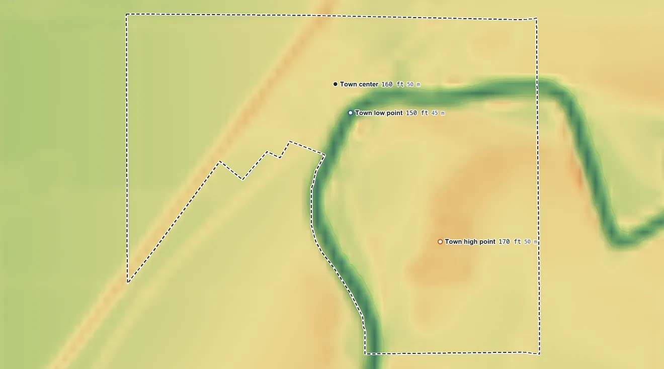 Topographic elevation map of Falcon, Mississippi, shaded from 150 ft near the middle to 170 ft on the southeast side