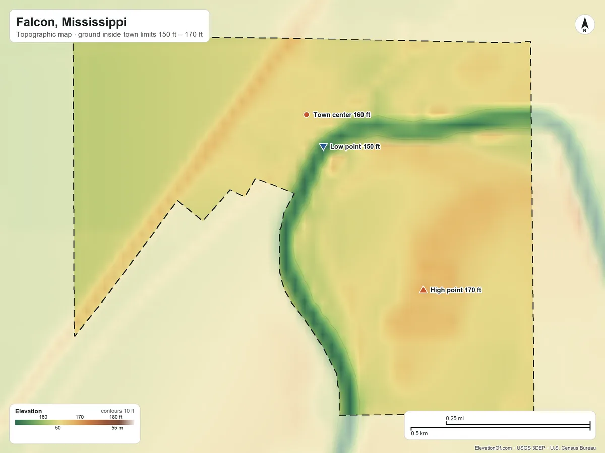 Topographic elevation map of Falcon, Mississippi, shaded from 150 ft near the middle to 170 ft on the southeast side
