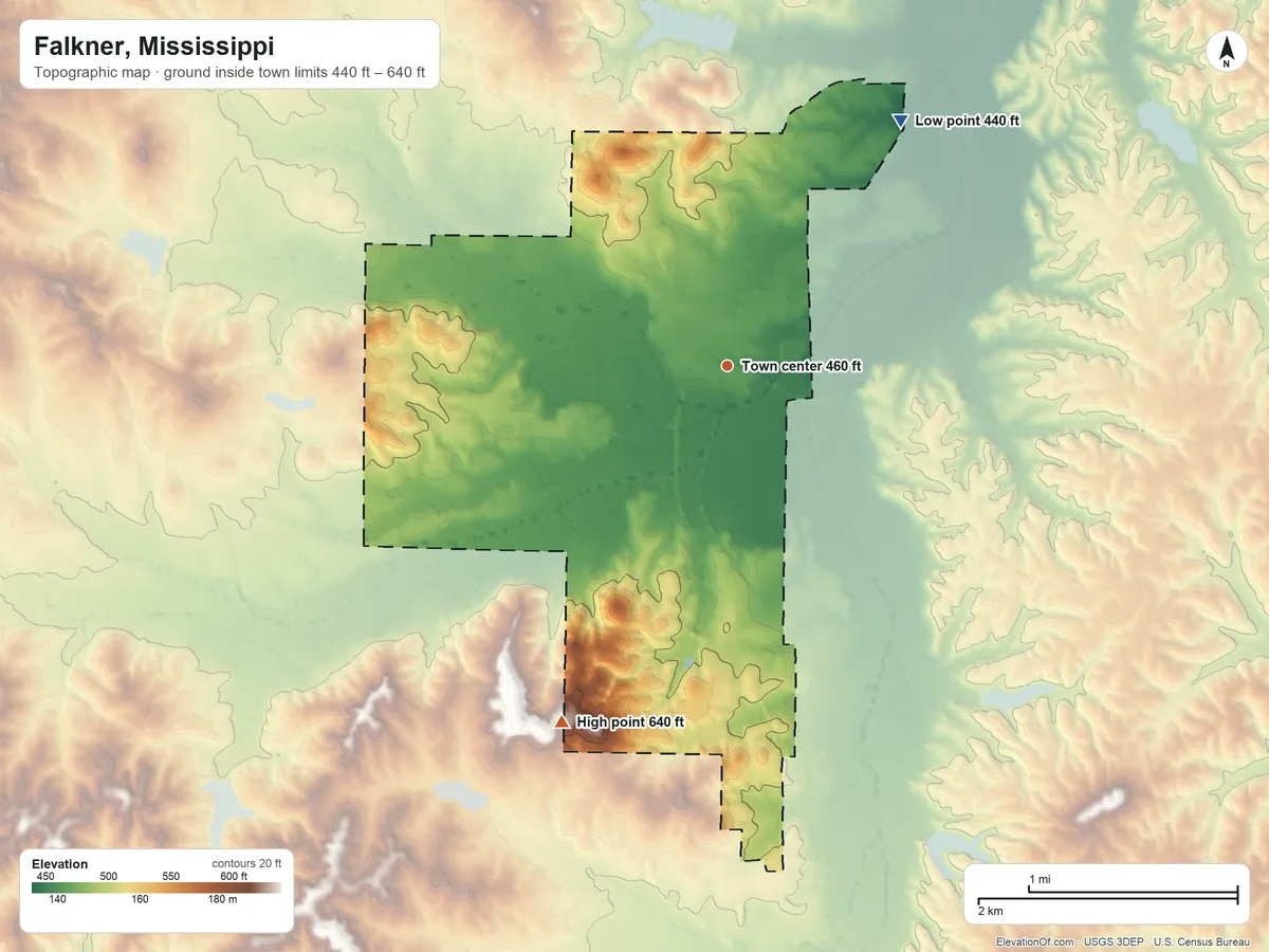 Topographic elevation map of Falkner, Mississippi, shaded from 440 ft on the northeast side to 640 ft on the southwest side
