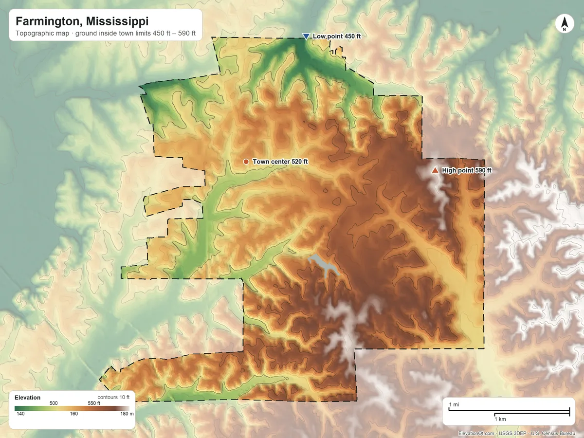 Topographic elevation map of Farmington, Mississippi, shaded from 450 ft on the northeast side to 590 ft on the east side