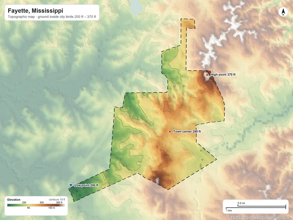 Topographic elevation map of Fayette, Mississippi, shaded from 200 ft on the southwest side to 370 ft on the northeast side