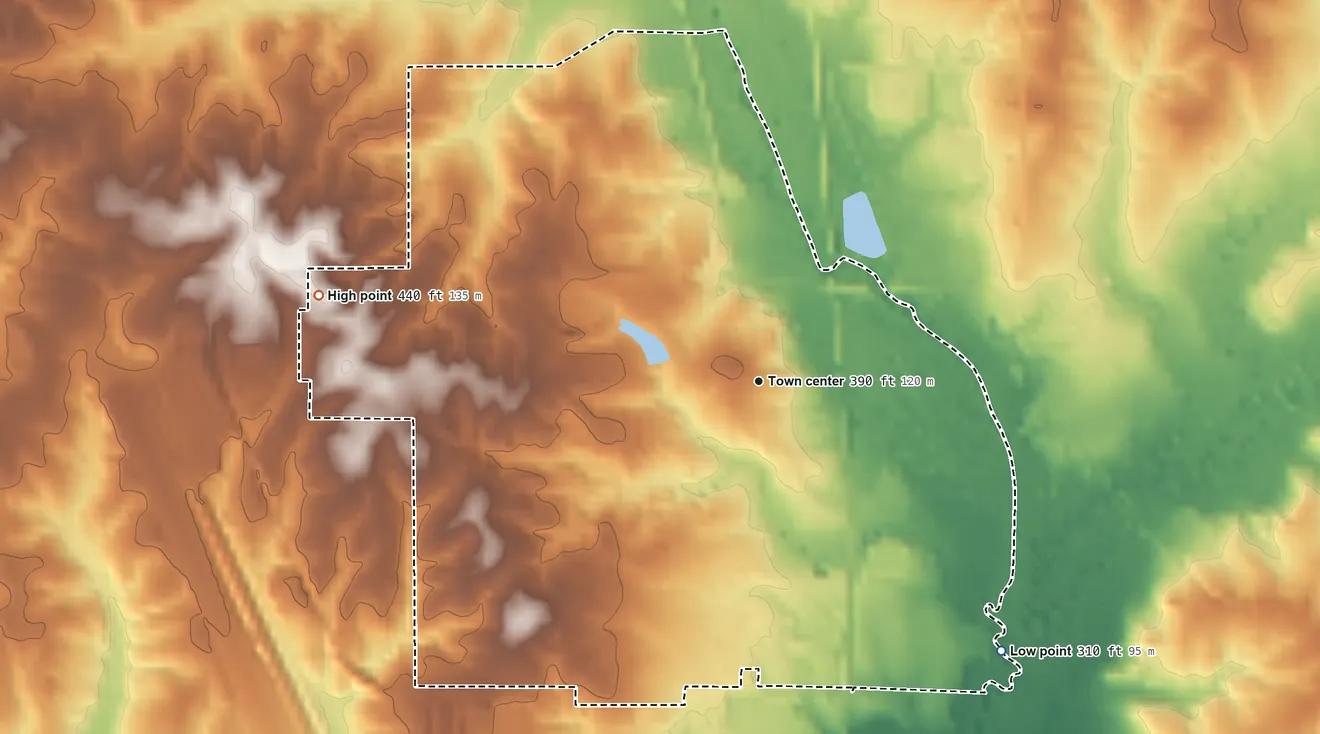 Topographic elevation map of Fernwood, Mississippi, shaded from 310 ft on the southeast side to 440 ft on the west side