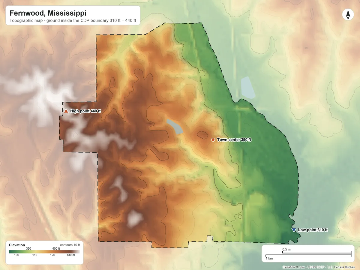 Topographic elevation map of Fernwood, Mississippi, shaded from 310 ft on the southeast side to 440 ft on the west side