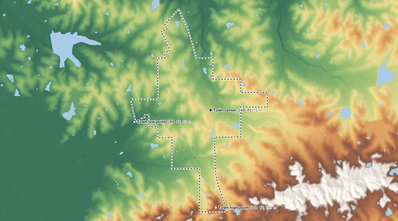 Topographic elevation map of Flora, Mississippi, shaded from 200 ft on the west side to 340 ft on the south side