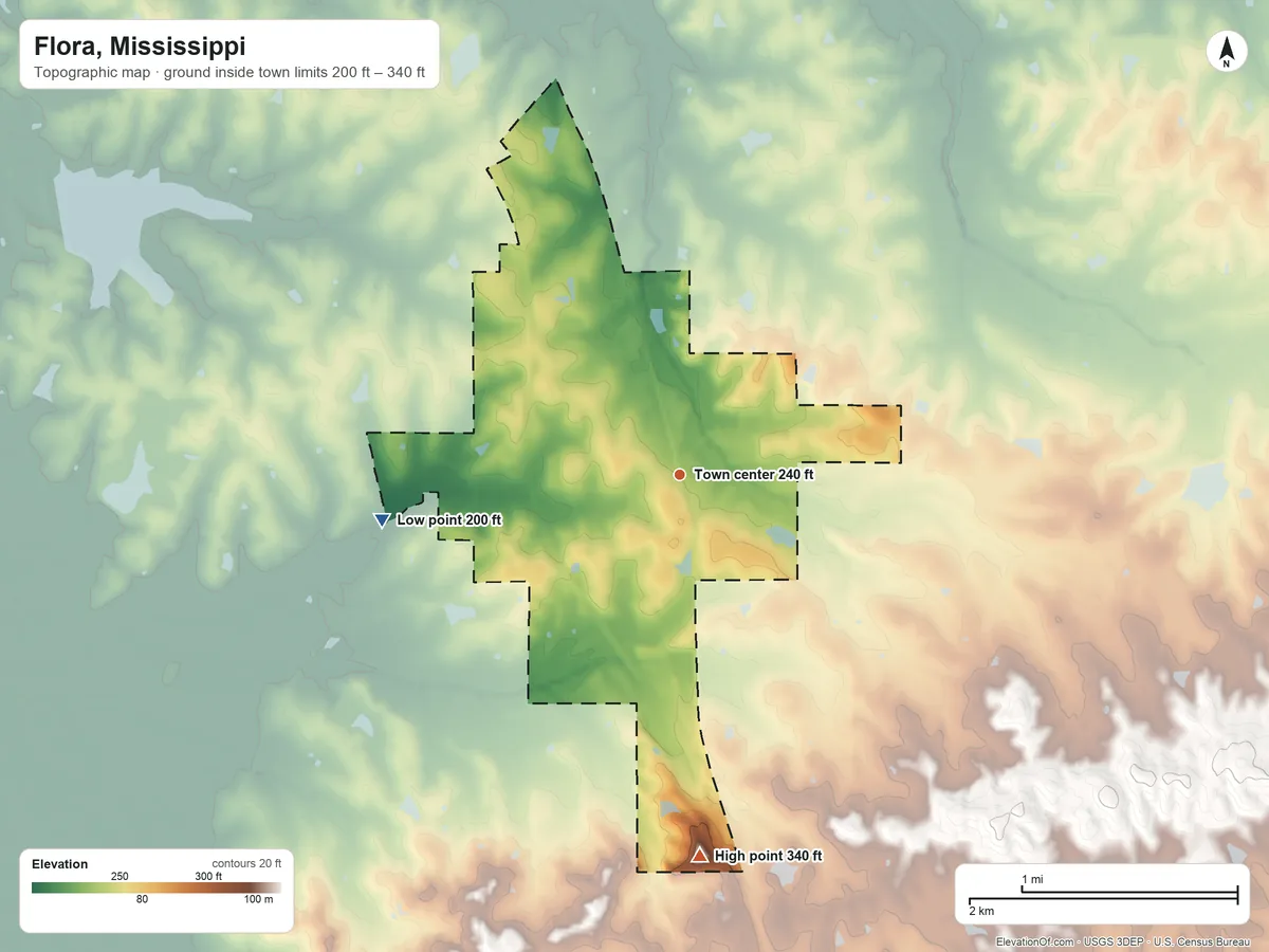 Topographic elevation map of Flora, Mississippi, shaded from 200 ft on the west side to 340 ft on the south side
