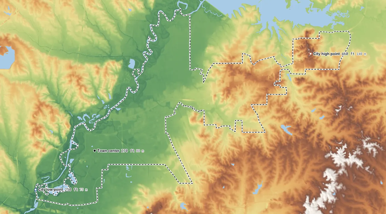 Topographic elevation map of Flowood, Mississippi, shaded from 250 ft on the southwest side to 460 ft on the northeast side