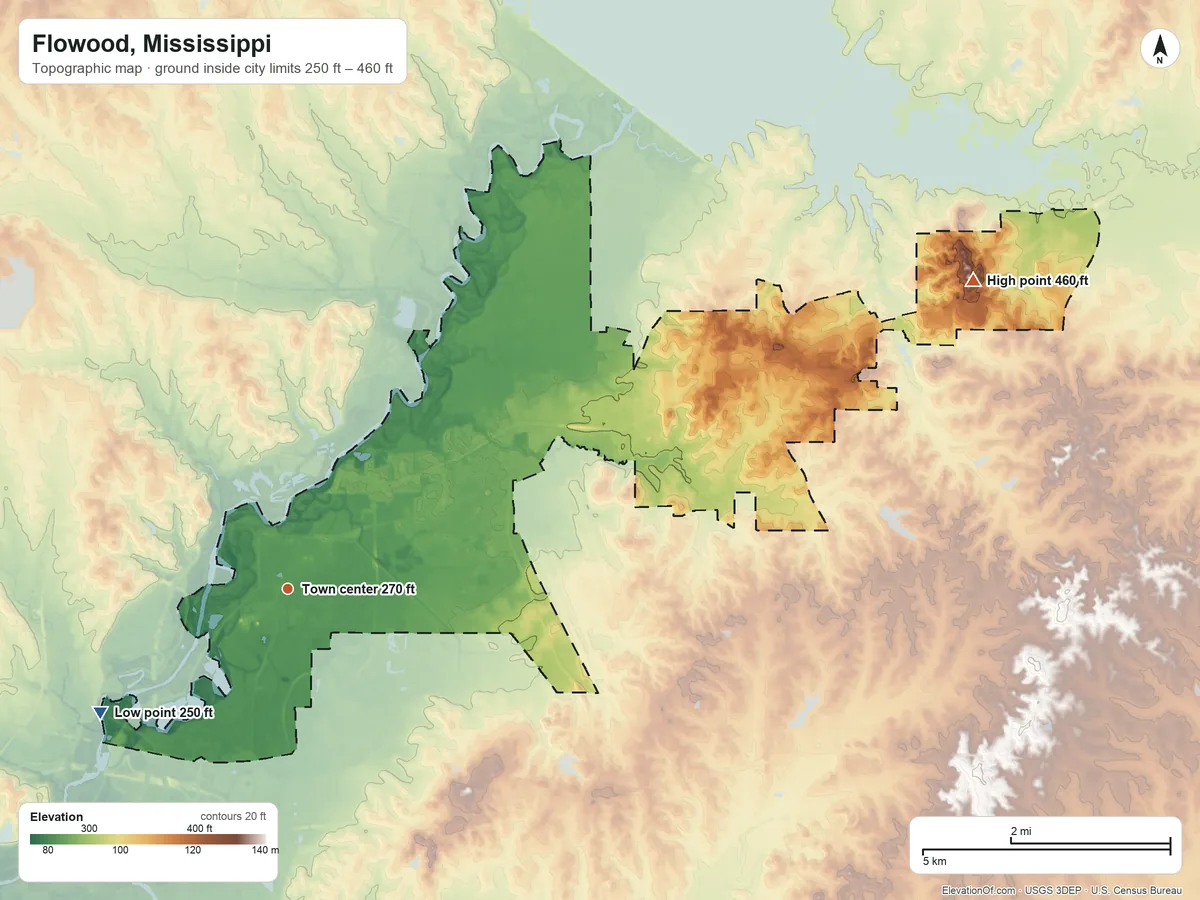 Topographic elevation map of Flowood, Mississippi, shaded from 250 ft on the southwest side to 460 ft on the northeast side