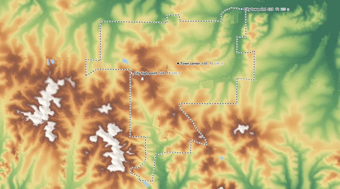 Topographic elevation map of Forest, Mississippi, shaded from 410 ft on the northeast side to 540 ft on the west side