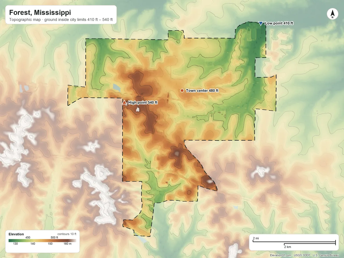 Topographic elevation map of Forest, Mississippi, shaded from 410 ft on the northeast side to 540 ft on the west side