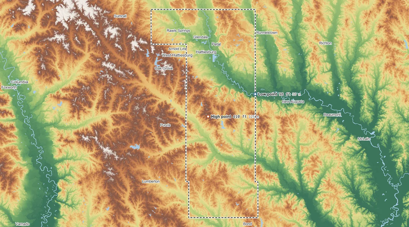 Topographic elevation map of Forrest County, Mississippi, shaded from 98 ft on the east side to 410 ft near the middle