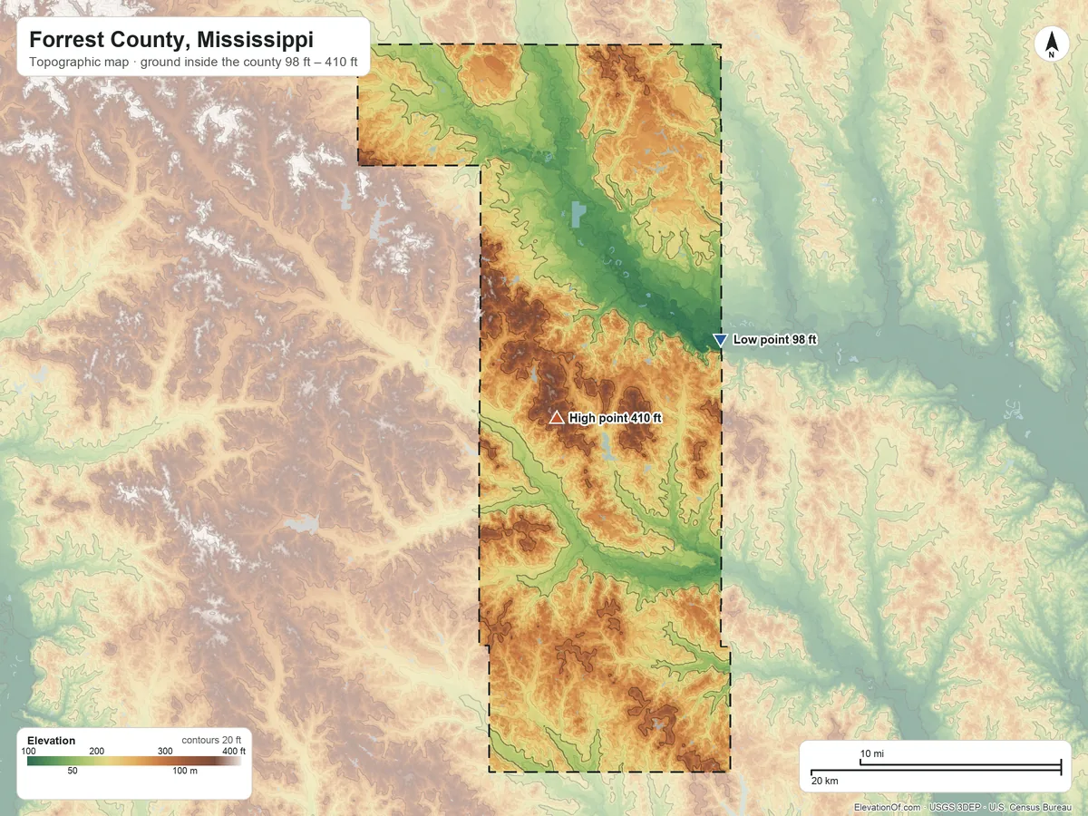 Topographic elevation map of Forrest County, Mississippi, shaded from 98 ft on the east side to 410 ft near the middle