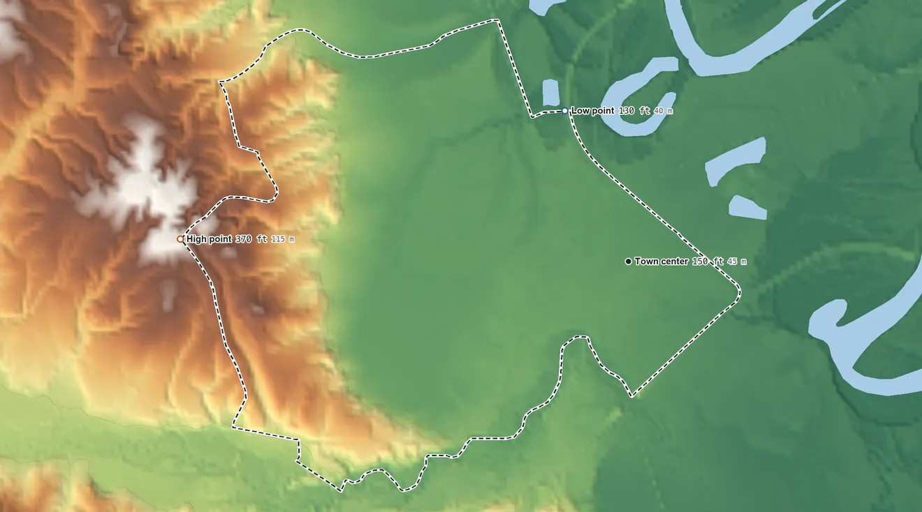Topographic elevation map of Foxworth, Mississippi, shaded from 130 ft on the northwest side to 370 ft on the west side